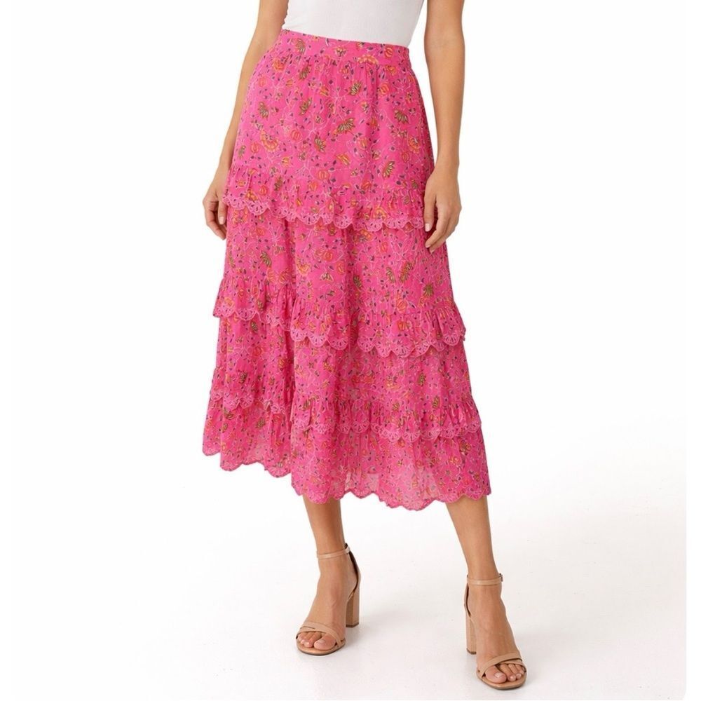 CAROLINE CONSTAS Pink Floral Midi Skirt Size L